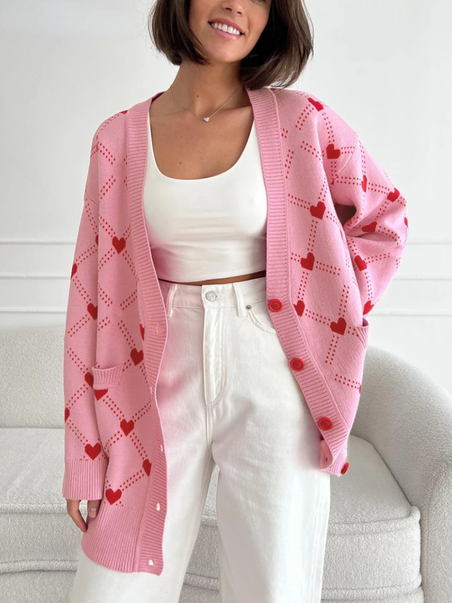 Wolfeel Women Pink Hearts Print Oversize Cardigan Soft V-neck Thiick Knitted Jacket Winter Button Vintage Cardigan for Women