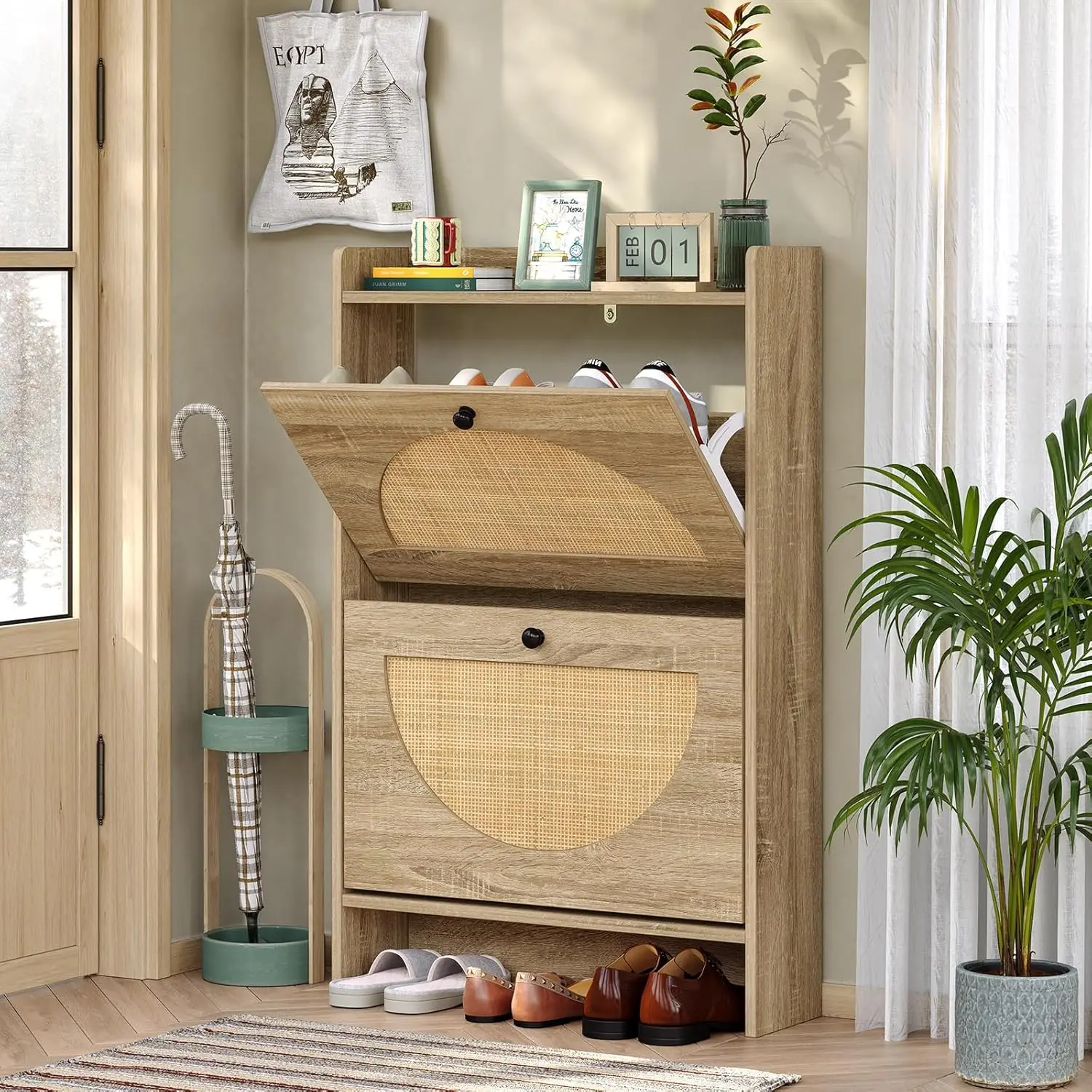 

Rattan Doors, Entryway Boho Shoe Cabinet for Sneakers, Leather Shoes, High Heels, Slippers, 36.7“ Entryway Furniture
