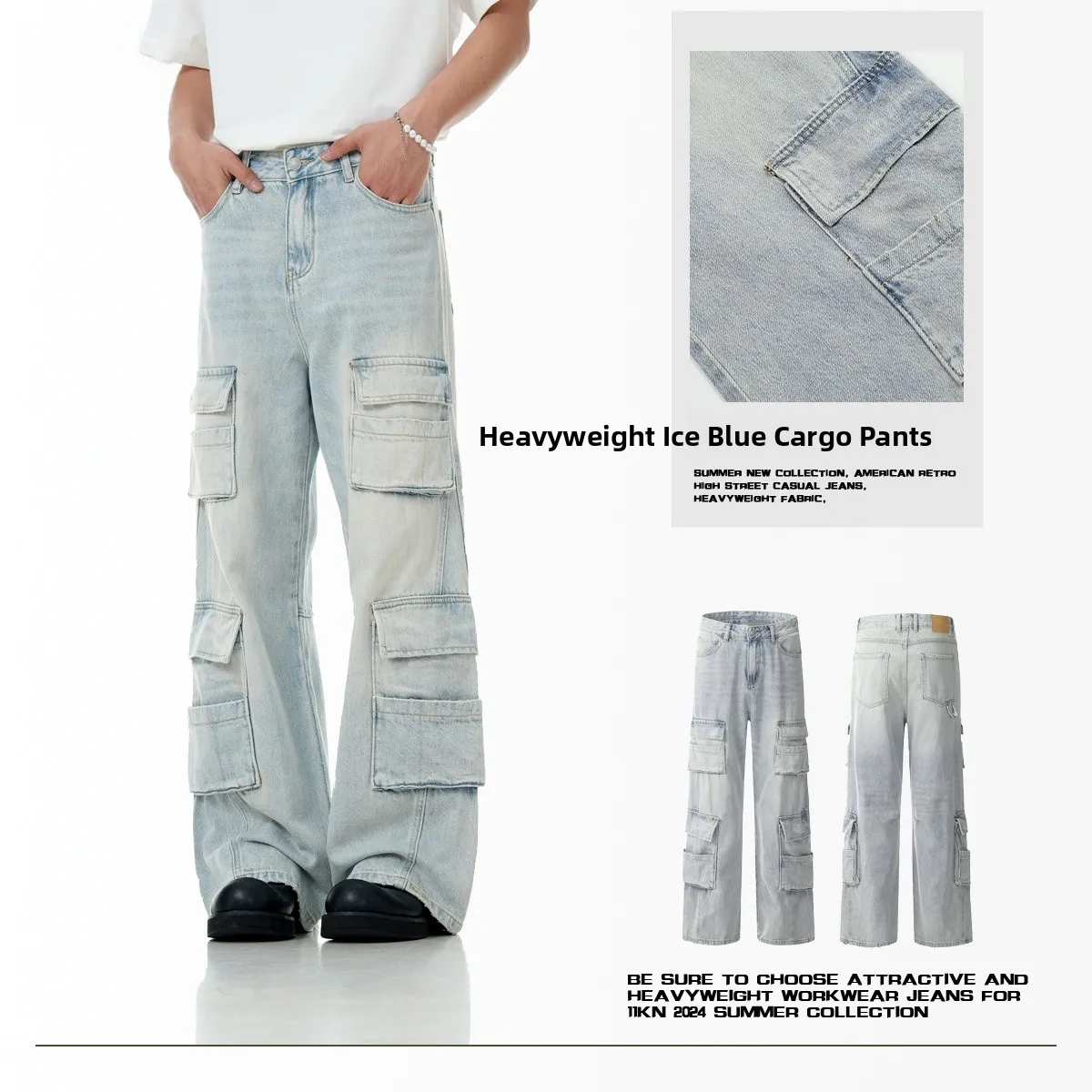 

Мужские рабочие джинсы American Style: прямые, свободного кроя, повседневные, из стираного хлопка, с множеством карманов, модные, в городском стиле