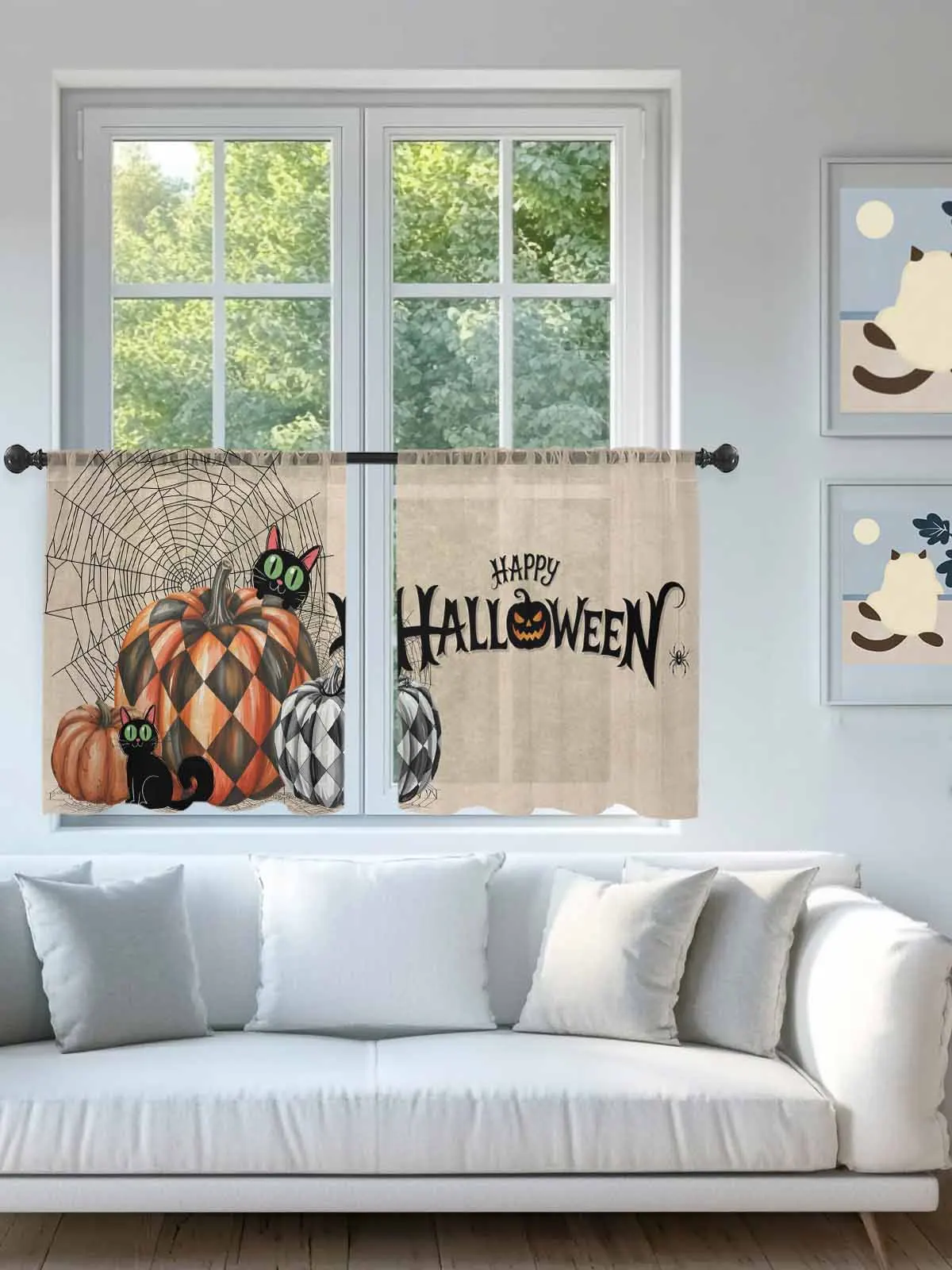 

Halloween Pumpkin Cat Sheer Voile Curtains for Living Room Window Treatment for Bedroom Kitchen Drapes