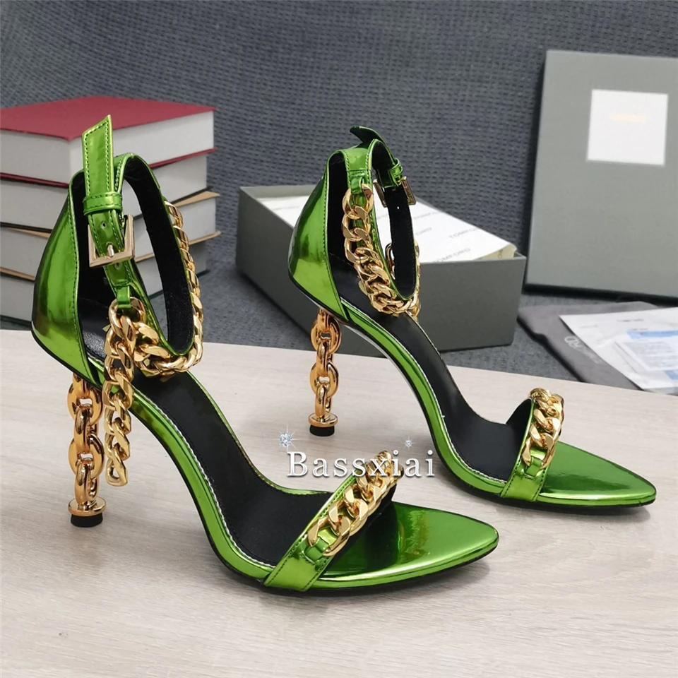 Luxury Chains One-Strap Modern Sandals Women Twist Strange Heel Patent Leather Multicolor Summer Shoes For Girls