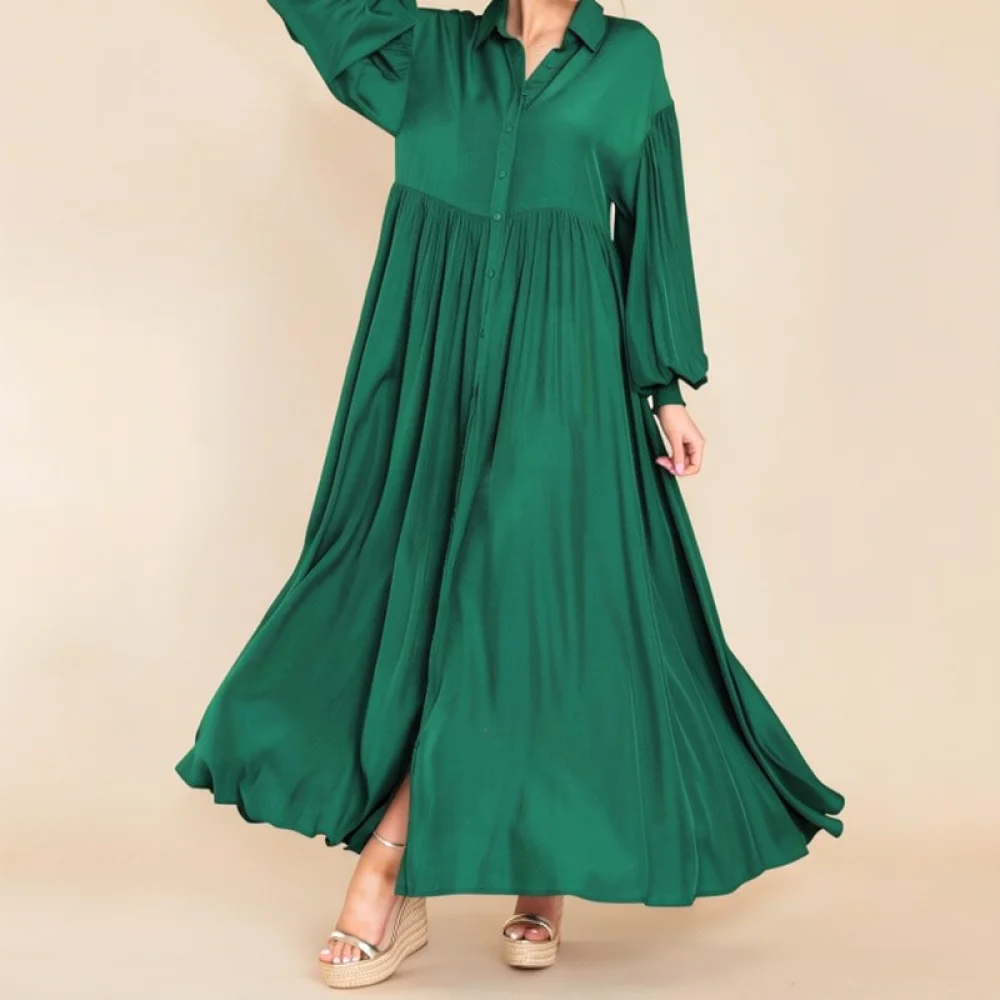 Womens Spring Dress Long Sleeve Pleated Maxi Lapel Button Down Solid Color Loose Casual Elegant Vintage Style Retro Clothing