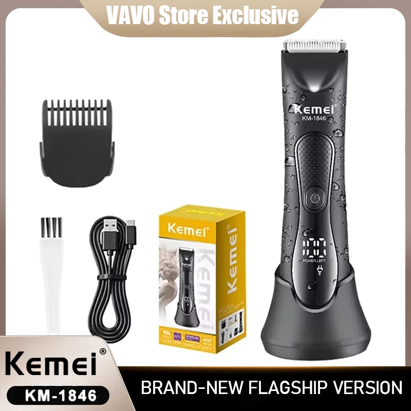 

Триммер для интимных зон Kemei KM-1846, водонепроницаемый (IPX7), электрический, с LED-дисплеем, для бритья и удаления волос в зоне бикини