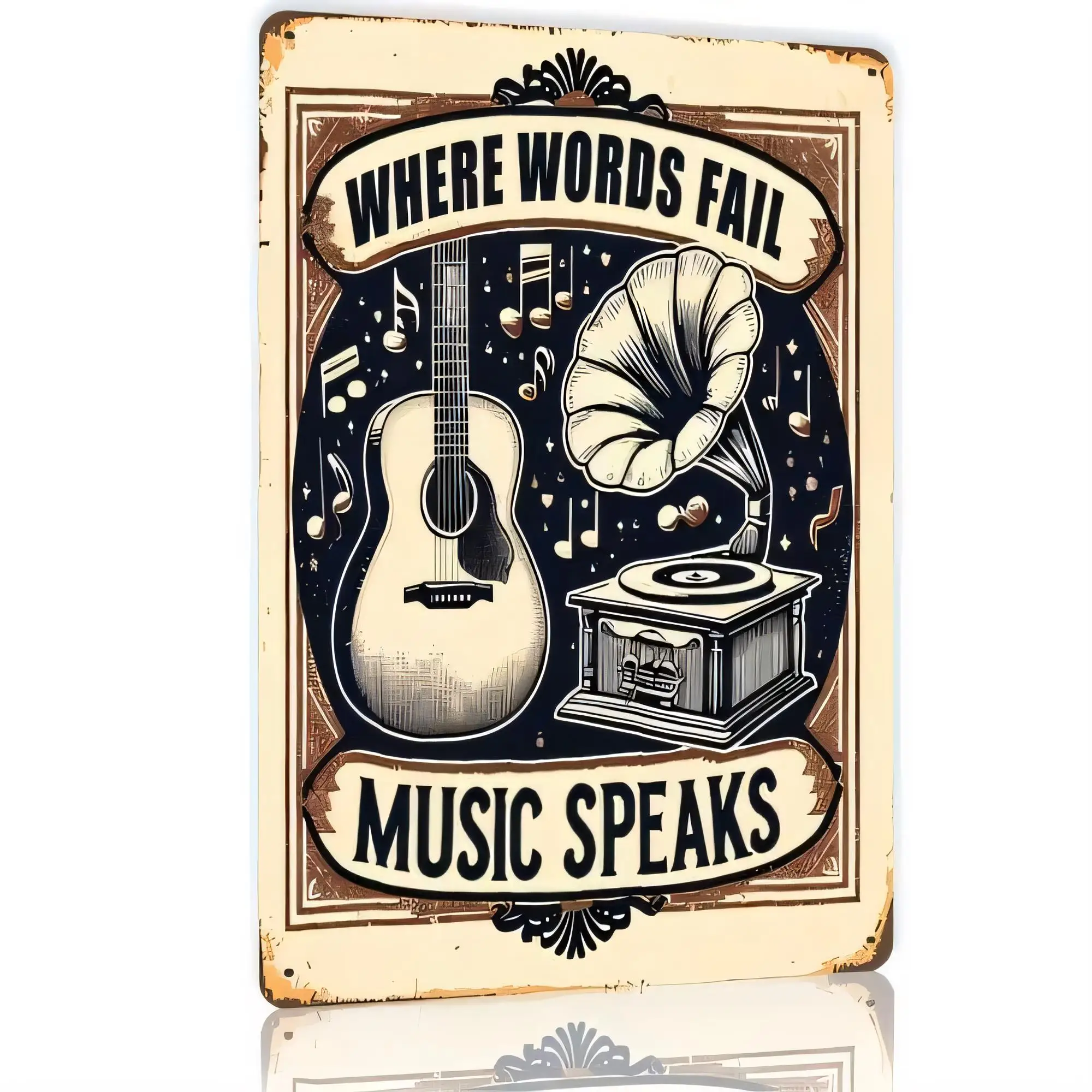 Tin Sign Where Words Fail Music Speaks Retro Music Quote Plaque Wall Decor Vintage Guitar Speaker Notes Art for Home Bar Pub Man