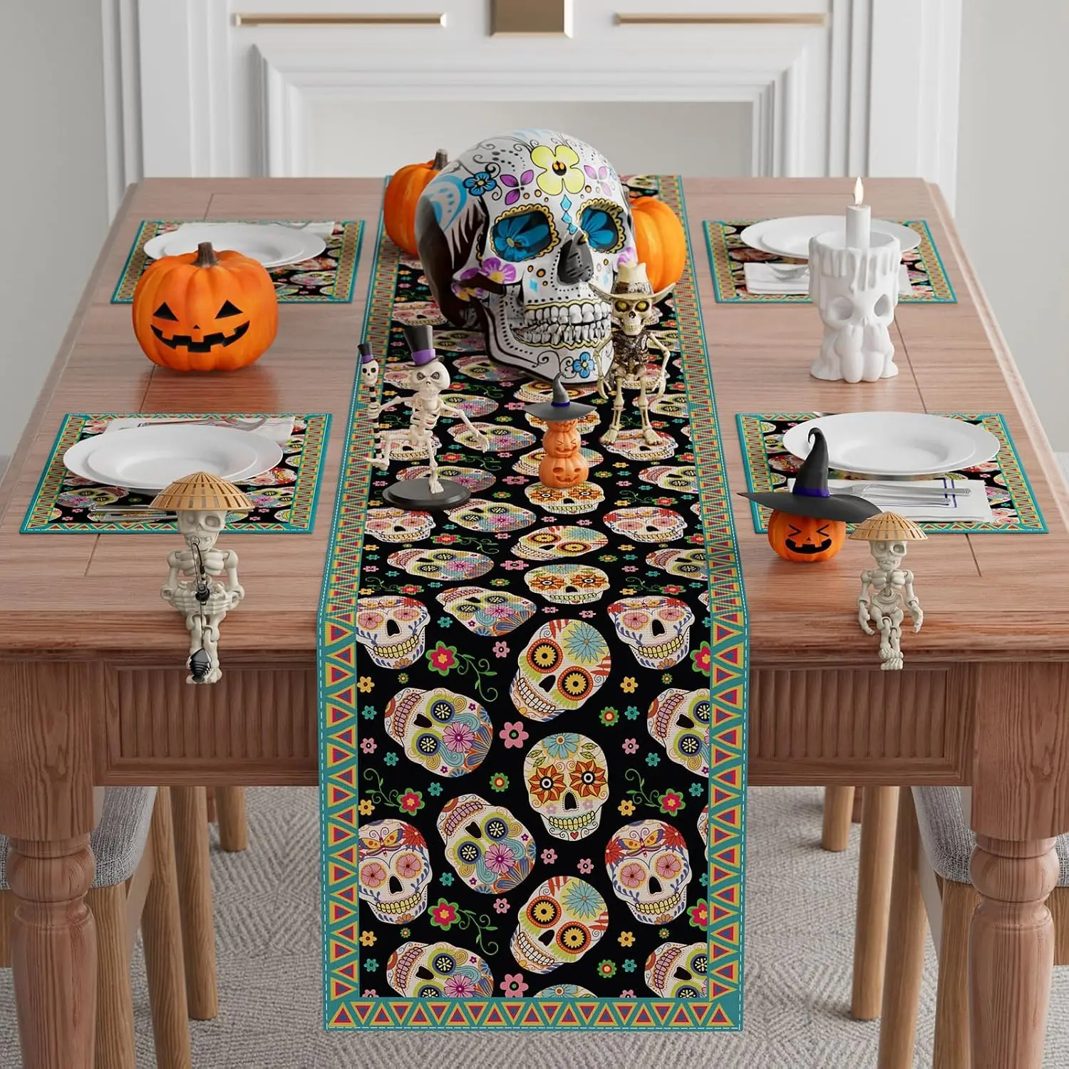 Mexican Day of The Dead Sugar Skull Linen Table Runner Party Decor Reusable Kitchen Dining Table Runner Day of The Dead Decor