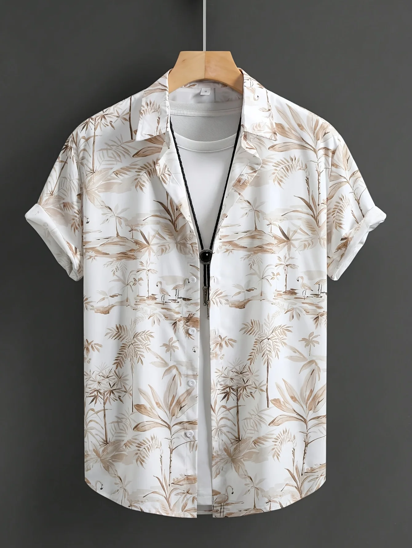 Men Beige Brown Watercolor Tropical Plant Print Short Sleeve Shirt Lapel Button‑up Vacation Casual Top