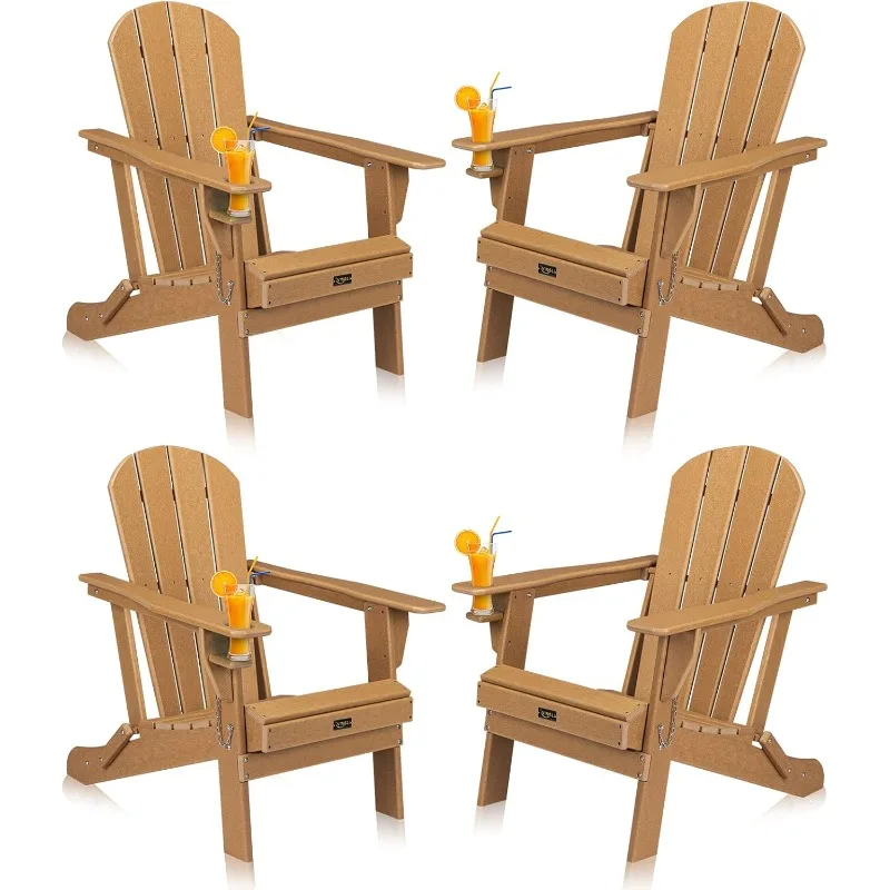 Plastic Adirondack Chairs Set of 4, Folding with Cup Holder, Waterproof HDPE Material, Comfortable 380lb Weight Capacity