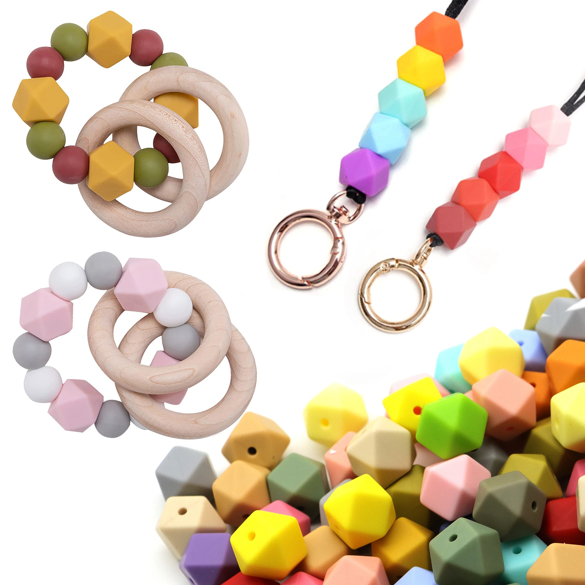 14mm 100 pcs/set,5 pcs/style polygon Silicone Beads DIY Teethers Toys Nipple Holder Pacifier Chain Bracelet Key Chain