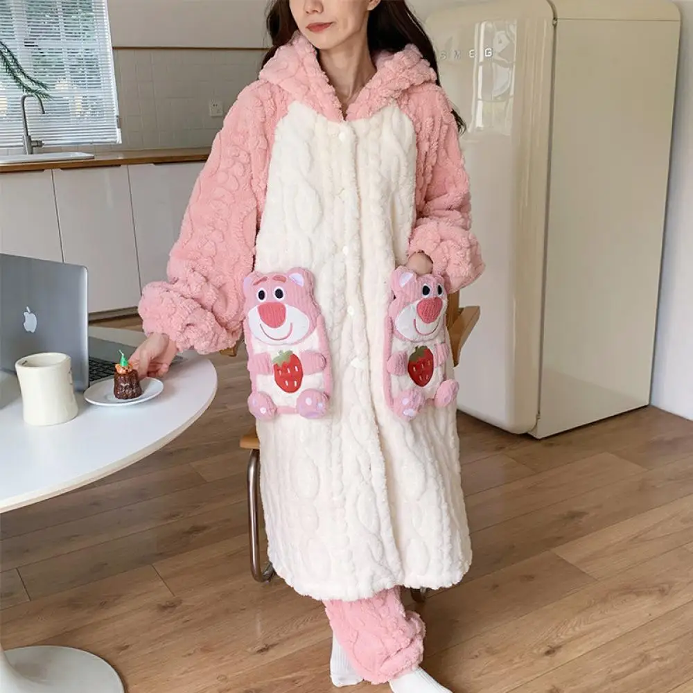 Miniso Lotso Fashion Facecloth Girls Thickened Hooded Pajamas Fall and Winter Medium-Length Cardigan Robe Warm Christmas Gift