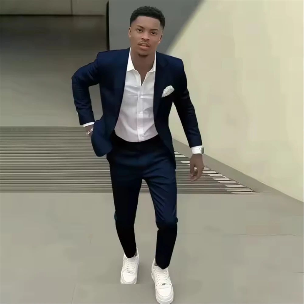 

Мужские костюмы темно-синего цвета, 2 предмета, однобортные, для повседневной носки, свадеб, торжественных мероприятий, с лацканами, модные мужские комплекты (пиджак + брюки), пошитые на заказ