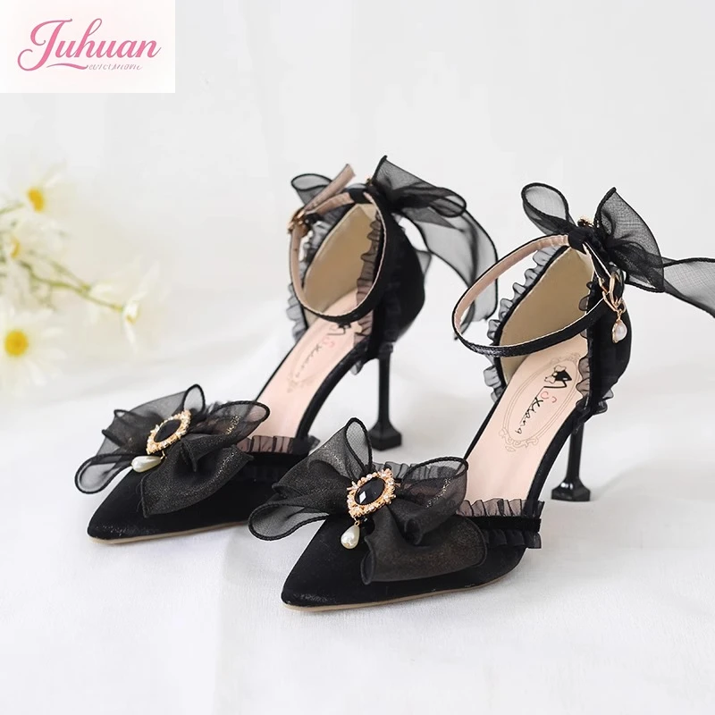 

Black Lolita High Heels Women's Lace Bow Rhinestone Handmade Flower Wedding Elegant Versatile Cla Gorgeous Sandals Wedding Shoes