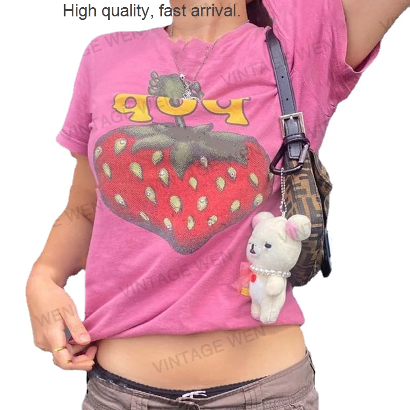 

Retro Pink American-Style Strawberry Print Distressed Loose Short-Sleeved T-shirt Women's Summer Top