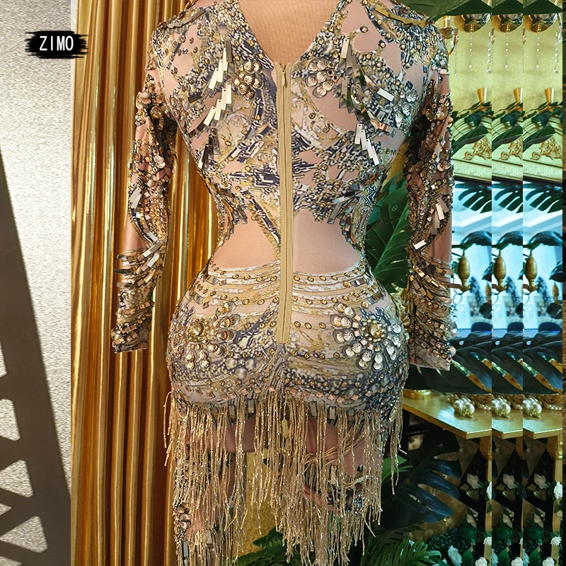 luxury rhinestones gold jumpsuit women sequin print Fringes crystal birthday party Dancer Stage drag queen Performance costume