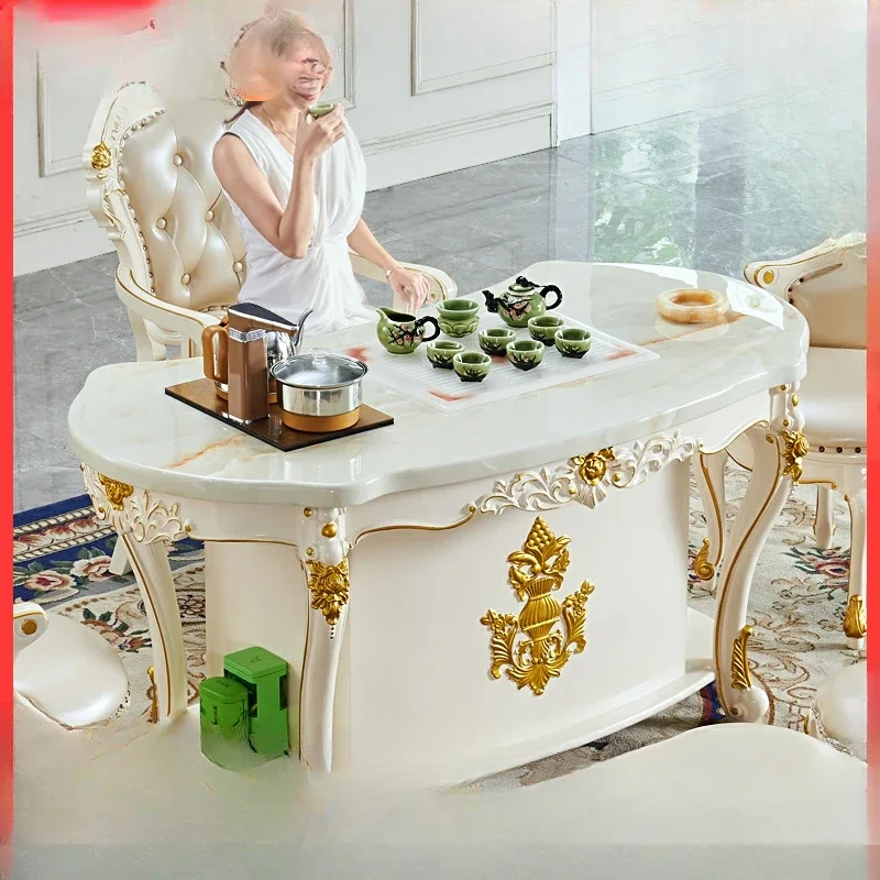 MJY European style all solid wood marble living room balcony villa club kung fu tea table