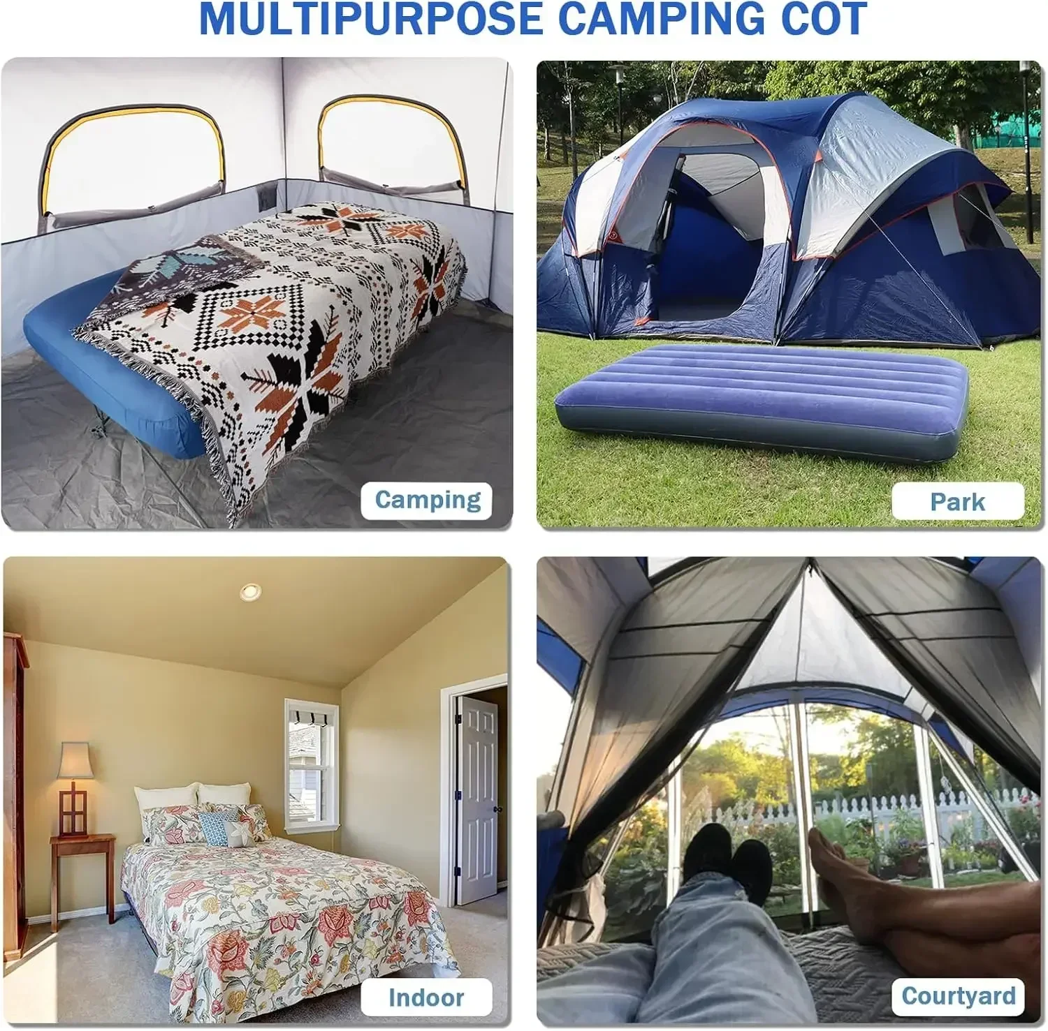 سرير تخييم، سرير تخييم للبالغين، سرير تخييم قابل للطي مع مرتبة هوائية قابلة للنفخ وحقيبة حمل، للسفر في الهواء الطلق (ساخن)