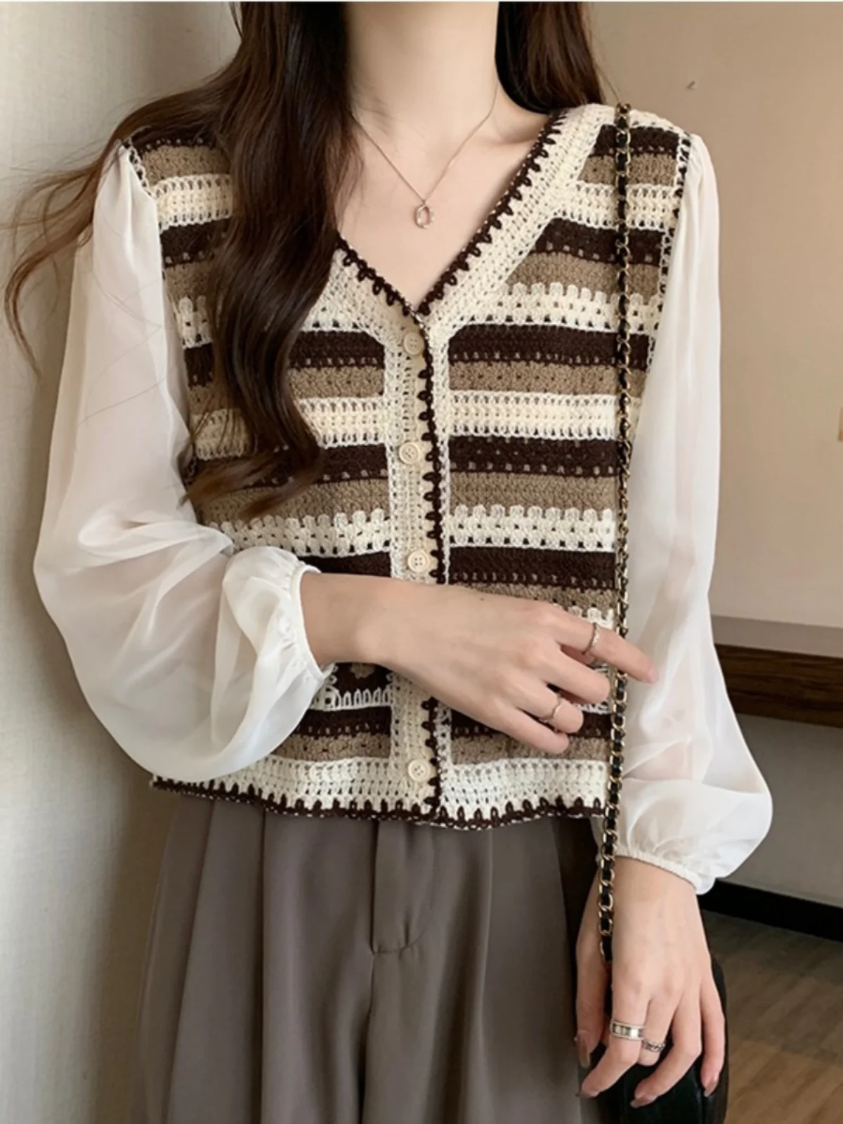 Granny Square Crochet Top Blouse with Chiffon Sleeve Button Front Cardigan Crop Top Women Spring Summer Fairycore Cottagecore