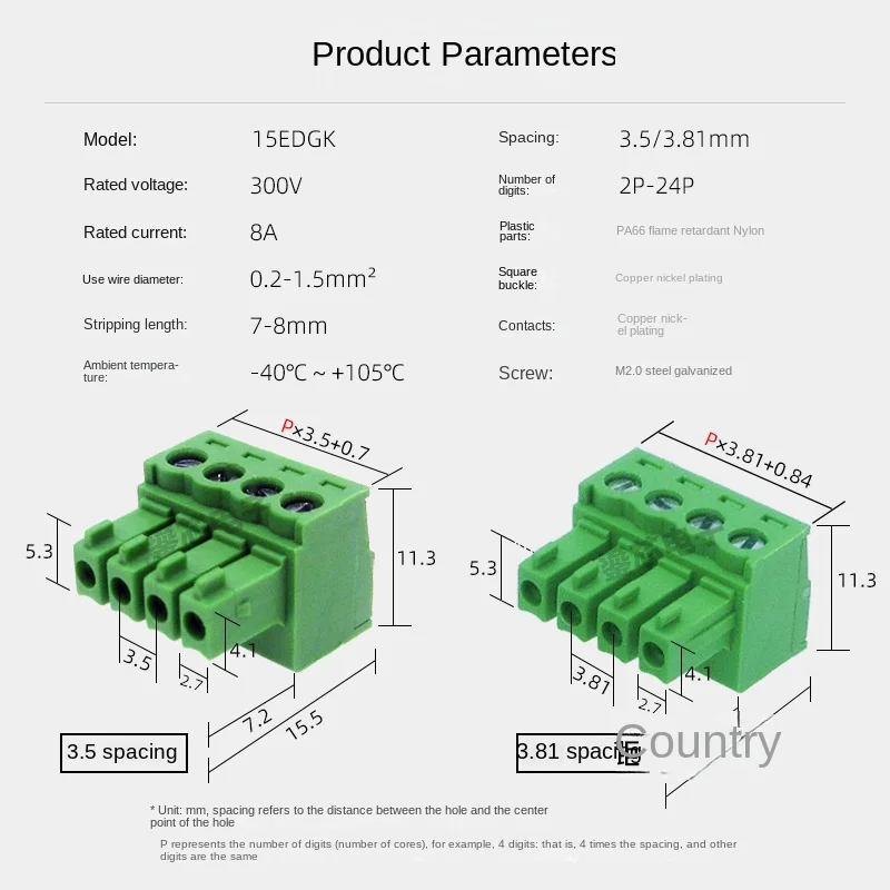 5 paires de borniers enfichables, 15 EDG-3.81mm avec un espacement de 3.5mm, connecteur Phoenix vert, connecteur de carte à souder PCB