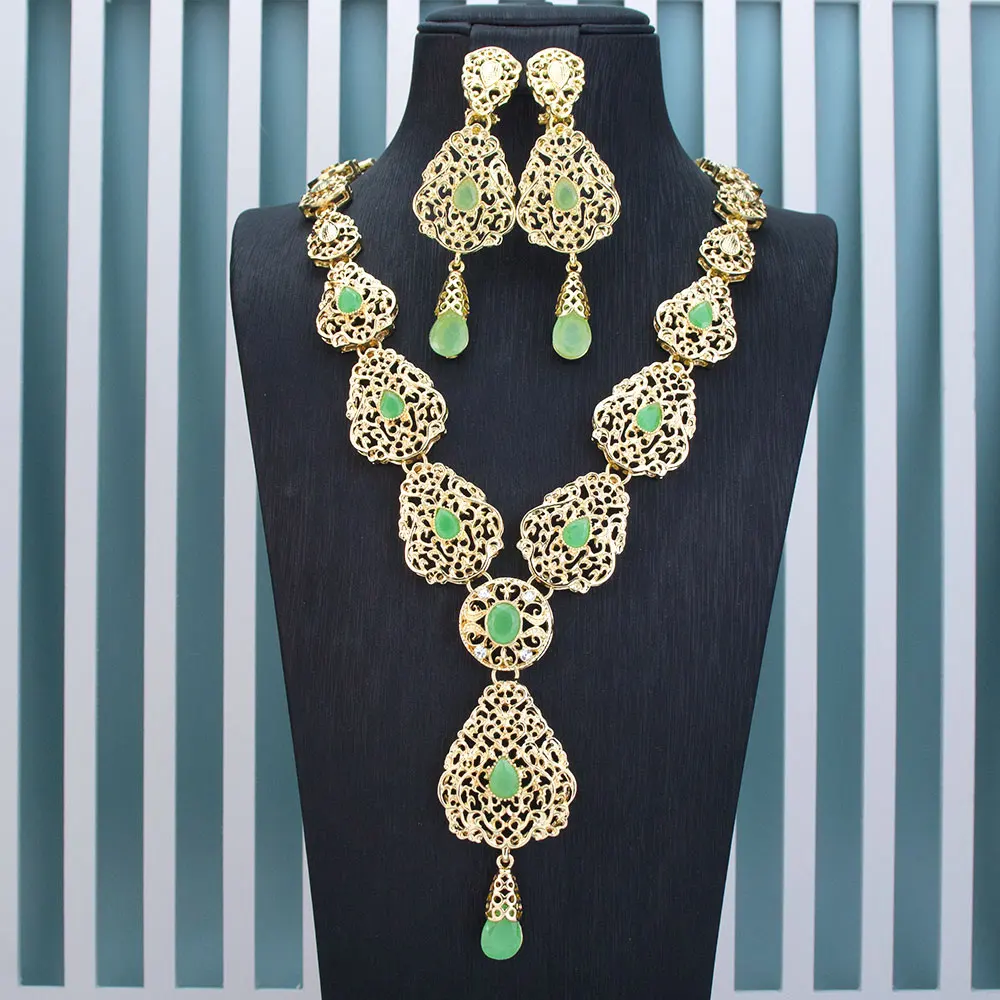 Sunspicems Chic Algeria Arabesque Earring Necklace Morocco Wedding Jewelry Sets For Women Gold Color Water Droplets Pendant