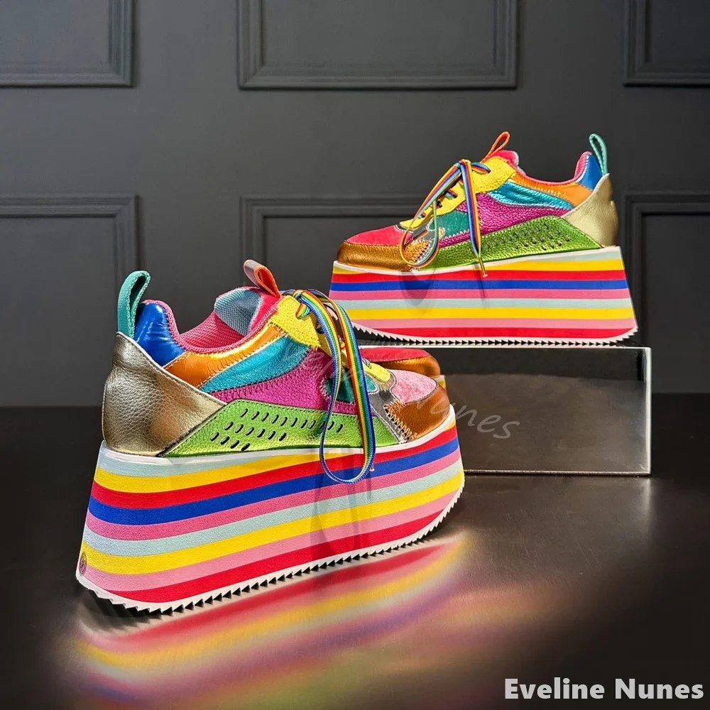 Rainbow Color Platform Casual Shoes Women Round Toe Cross Tied Height Increasing Sneakers 2025 Spring Autumn New Anti-slip Boots