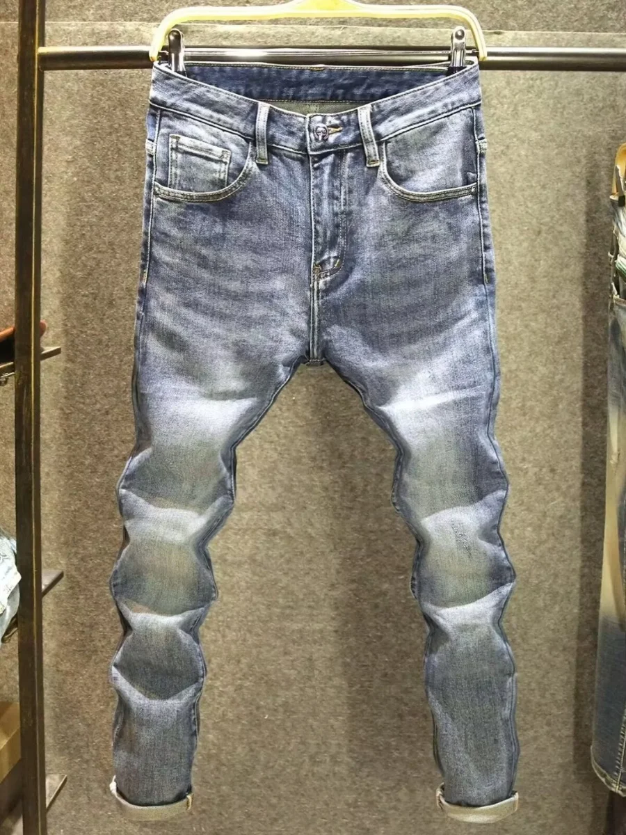 

Мужские джинсы приталенного кроя, весна-осень, модные, с принтом, эластичные, длинные брюки, молодежные, хлопковые, на резинке, с высокой талией, на молнии