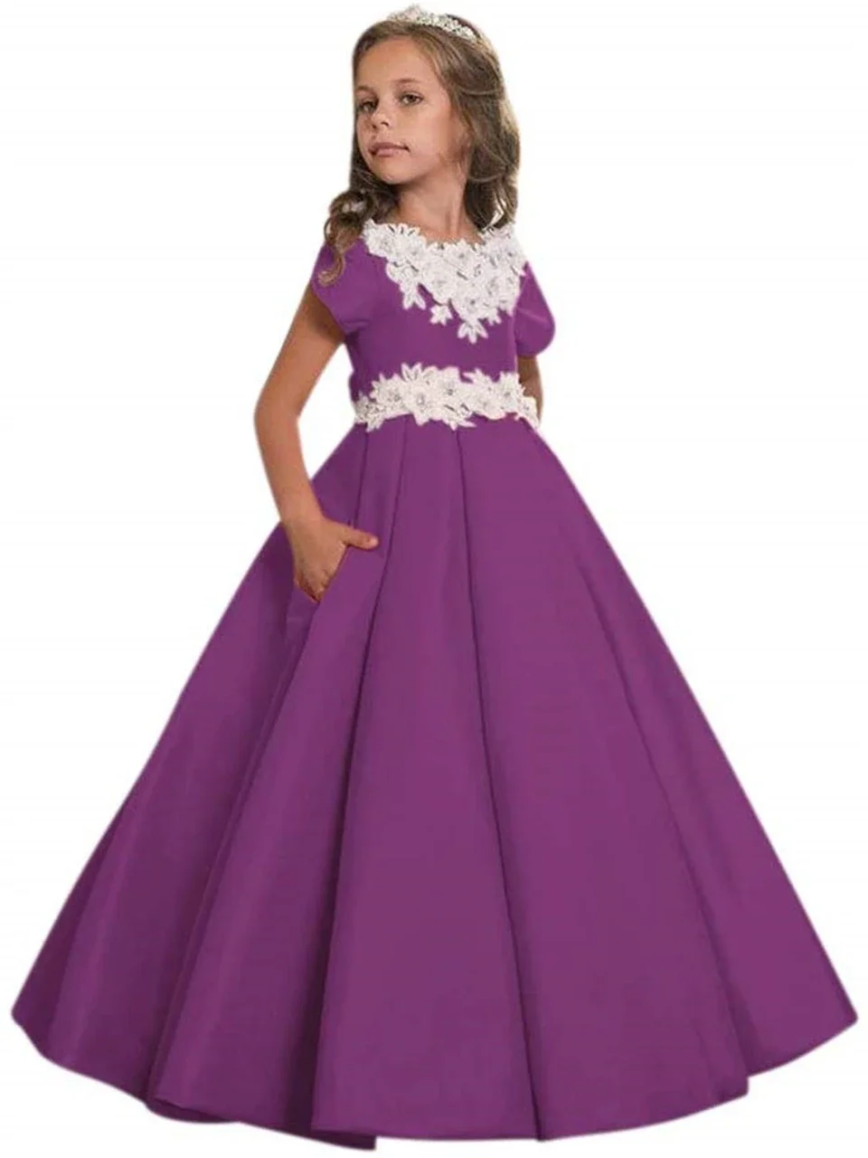 Długie aplikacje sukienki dla dziewczynek na wesela druhna impreza pierwsza komunia z krótkim rękawem korowód suknie na bal maturalny z kieszeniami