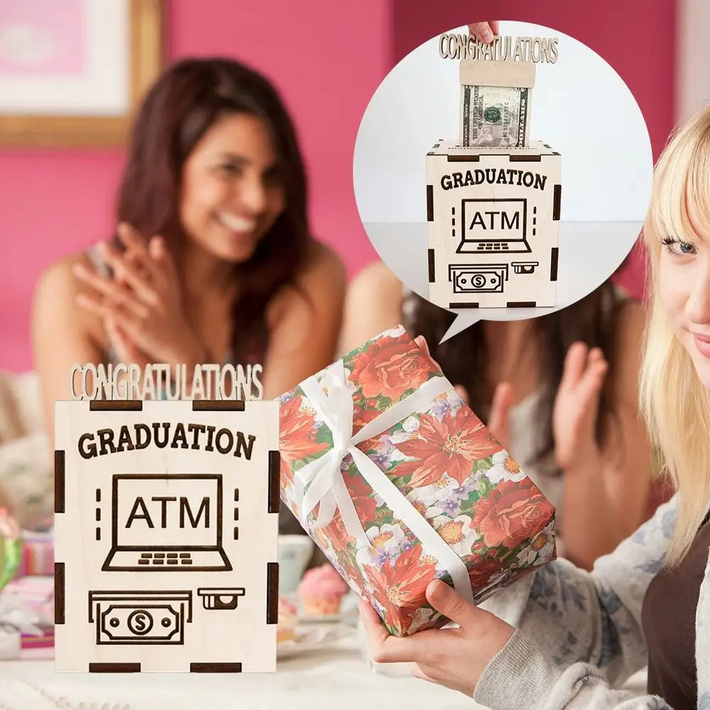 Caja de regalo de dinero de graduación de madera, diseño ATM, fiesta de graduación, caja de regalo con dibujo en efectivo, celebraciones de graduación