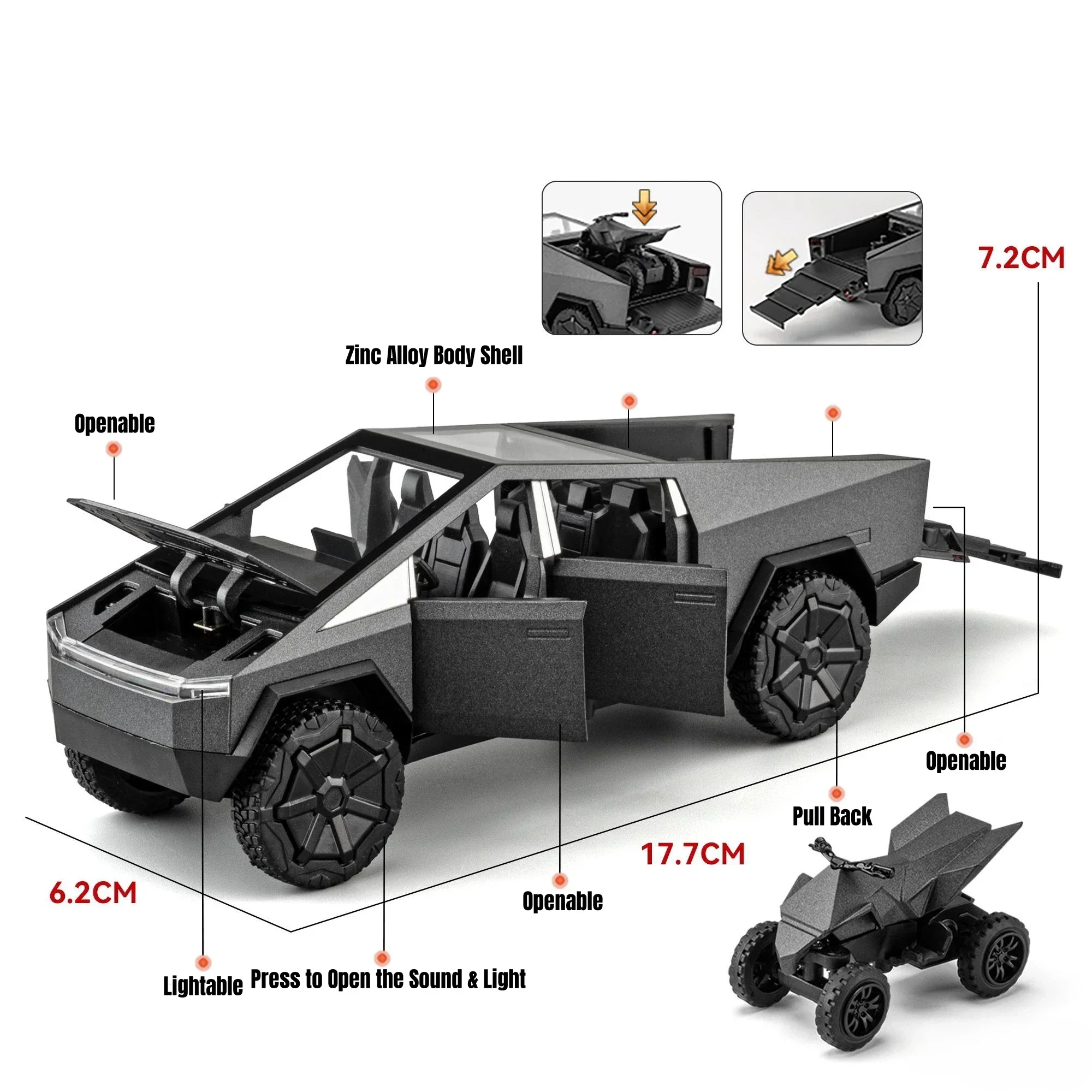 1/32 Tesla Cybertruck Model Pickup Model S Model X Model Y mobil mainan Diecast Metal Off Road koleksi tarik kembali suara cahaya hadiah anak laki-laki