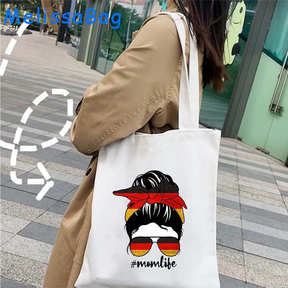 French German Greek USA British Mom Life Messy Bun Patriotic Country Flags Cute Gift Women Girl Canvas Shoulder Tote Bag Handbag