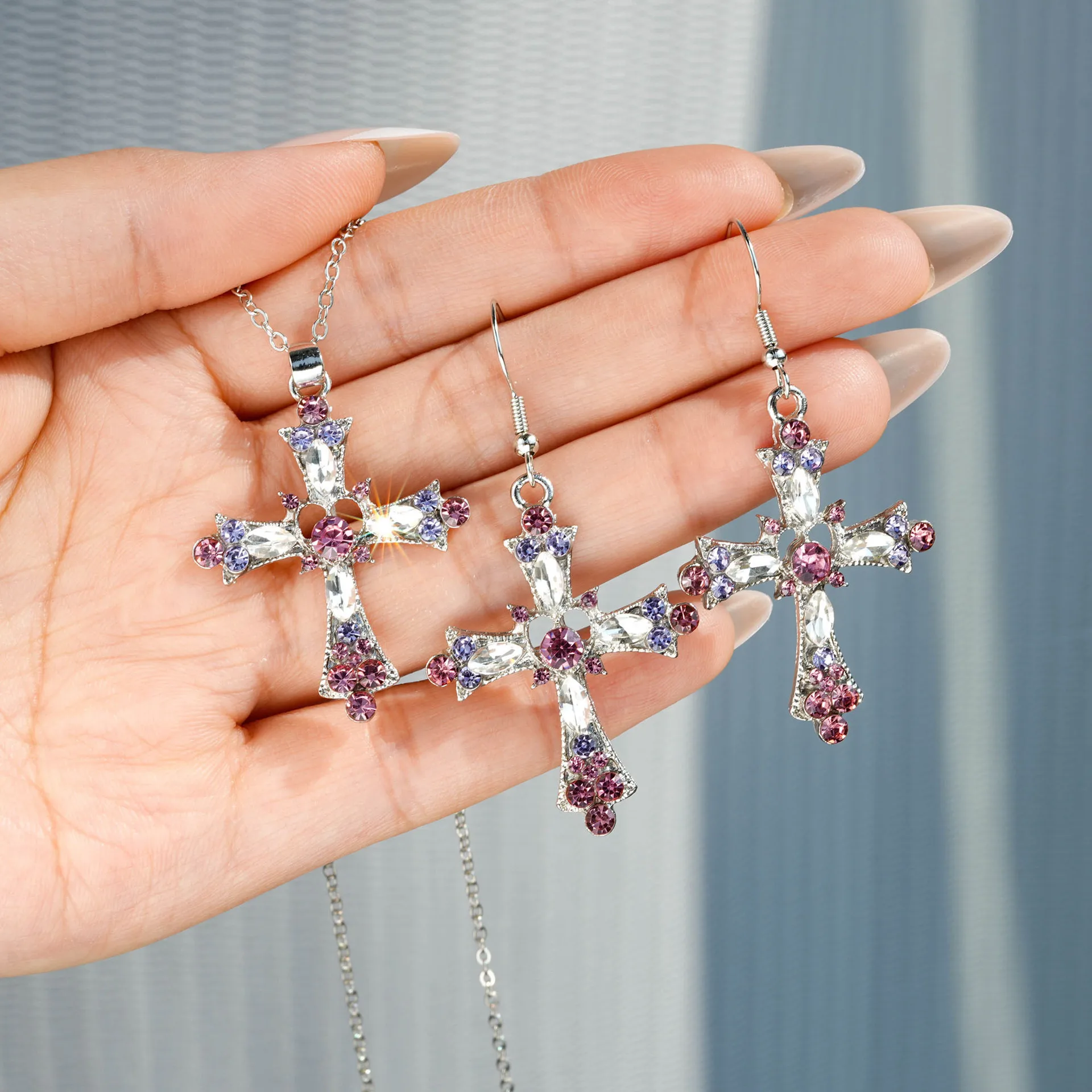 WLP 3Pcs/Set 2024 Sweet Cool Rhinestone Cross Pendant Necklace Choker Earrings for Women Kpop Luxury Y2K Earring Party Jewelry