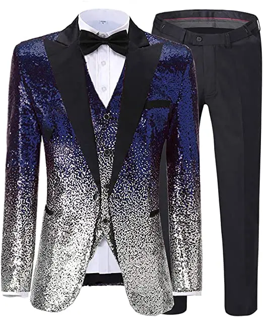Mens Suit 3 Pieces Sequin Color Shiny Sequin Suit Peak Notch Lapel for Wedding/Party Groom Banquet Nightclub (Blazer+Vest+Pant)