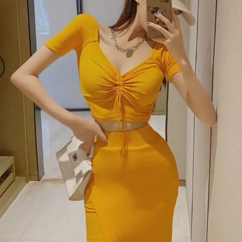 Slim Women's Sexy Orange Drawstring T-shirt V Short Sleeve Top Summer 2024 New Cotton Slit Asymmetric Skirt Sets Wild