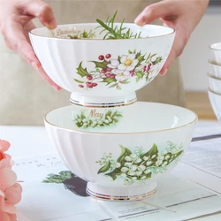 Ceramic Rice Bowl Set 12 Months Flower Printing Kitchen Fruit Bowls Beautiful Tableware Ramen Bowl Home Utensils for Hospitality