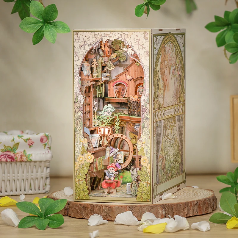 CUTEBEE Book Nook Kit DIY Wooden Doll House with Touch Light Elven Paradise Miniature Building Kits Model for Decompression Gift