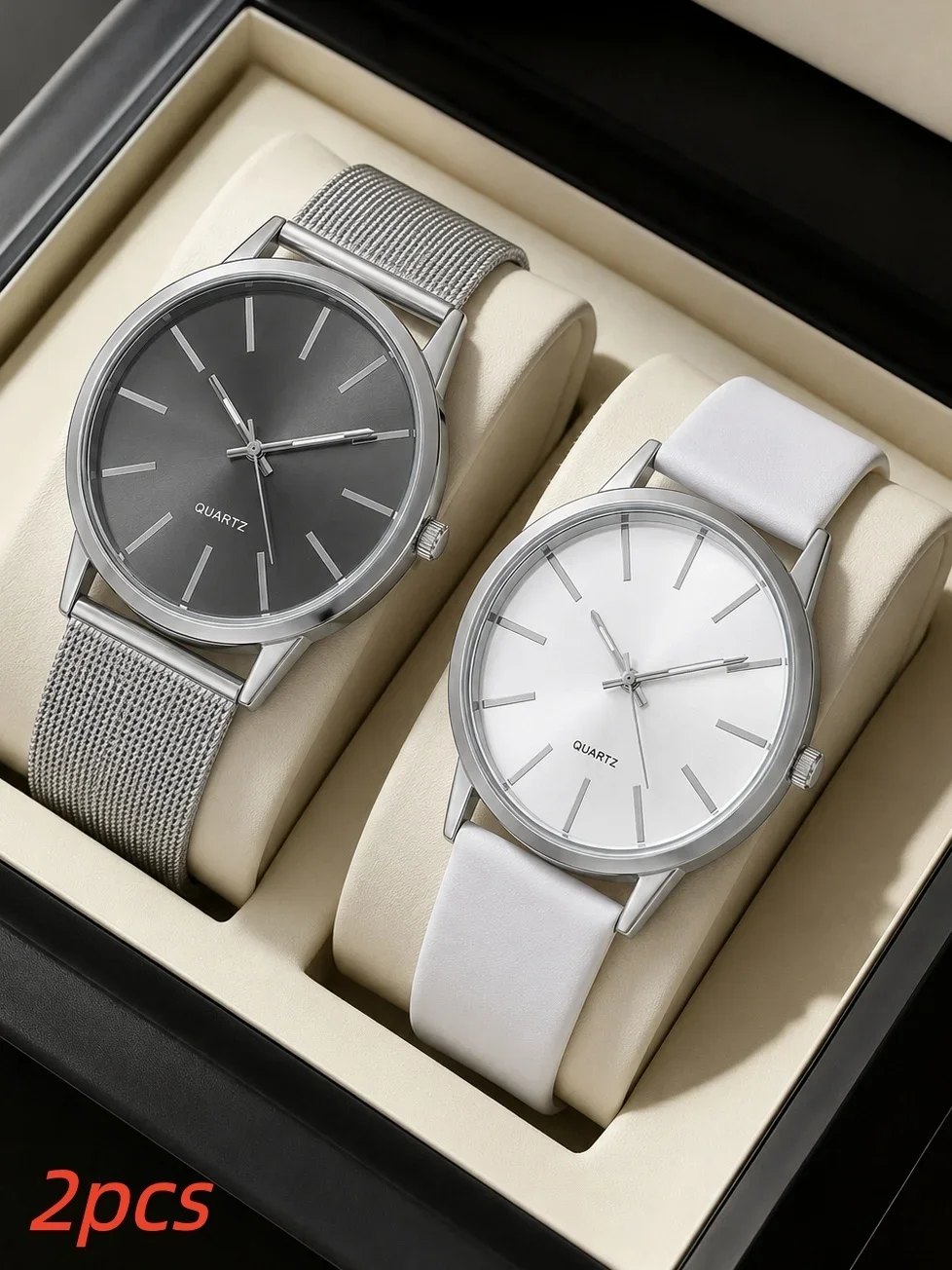 2Pcs Lovers Watch Set Classic Minimal Mesh & Leather Strap Analog Quartz Wristwatch Men Women Fashion Couple Matching Timepieces