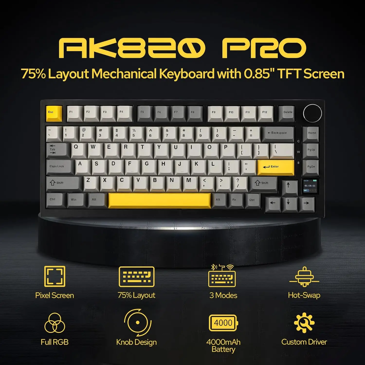 Bezprzewodowa mechaniczna klawiatura gamingowa AJAZZ AK820 PRO z wyświetlaczem, obsługą Hot-Swap, podświetleniem RGB i konstrukcją typu Gasket (łączność 2,4 GHz / Bluetooth / USB-C)