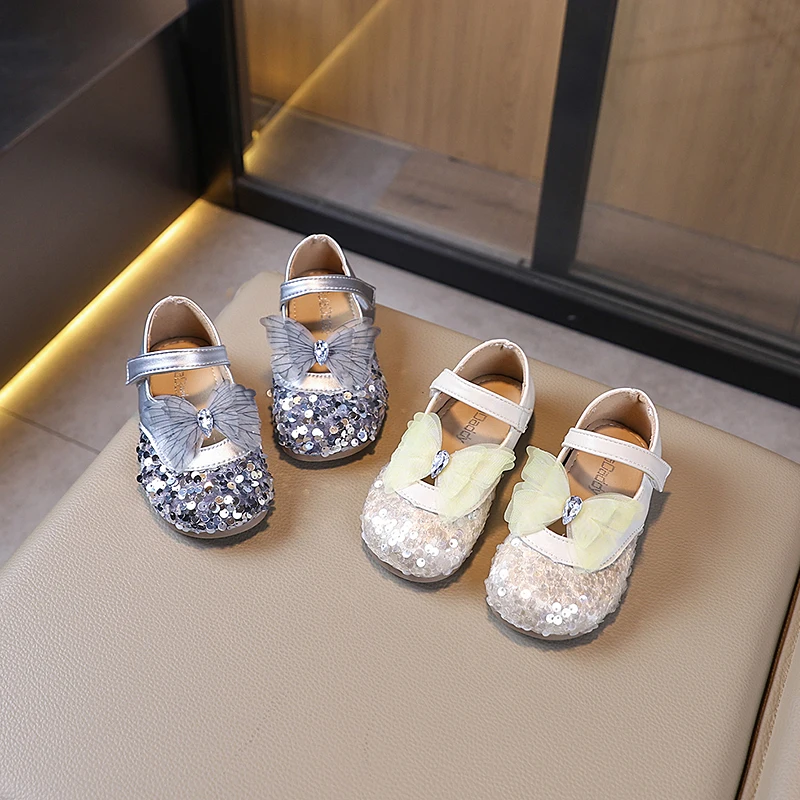 Girl's Princess Shoes Children's Fashion Butterfly Glitter Paillette Leather Kids Shoe New Baby Girls Party Student Flat Shoes