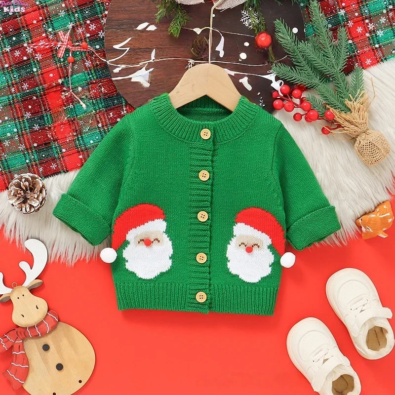 

Baby Boys Christmas Santa Cardigan 0-3Y Infant Knit Sweater for Baby Girl with 3D Pom Poms Festive Autumn Winter Clothes Wear