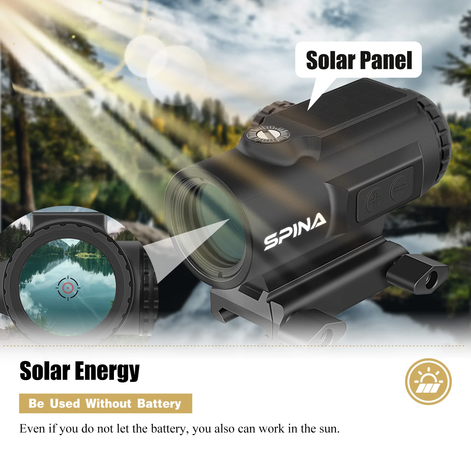 SPINA OPTICS Solar Energy Red Dot Green Dot Sight Tactical Hunting Glass Etched Reticle Rifle Scope 14gears Dual Point Switching