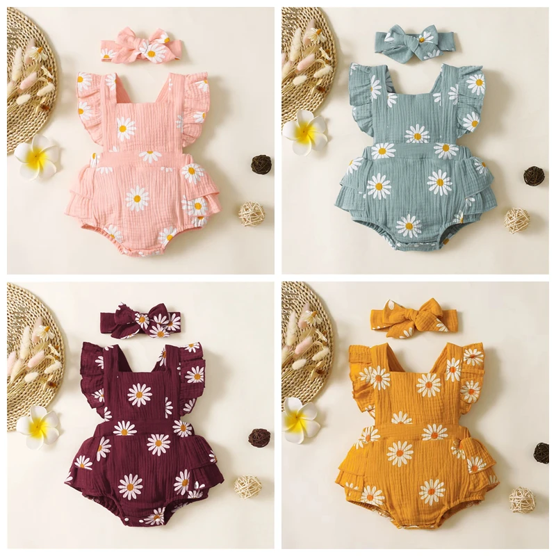 Summer Newborn Infant Baby Girls Romper Bow Headband 2pcs Set Sunflower Print Sleeveless Cute Kids Onepiece Jumpsuit 0-18 Month