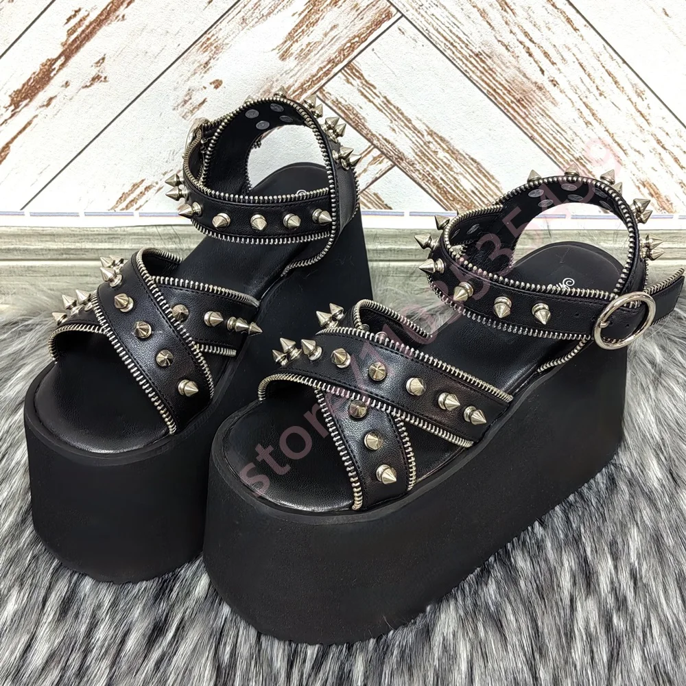 2026 New Black Leather Gothic Platform Wedge Sandals for Women with Spiked Stud & Zipper Detail Ankle Strap Punk Style Shoes