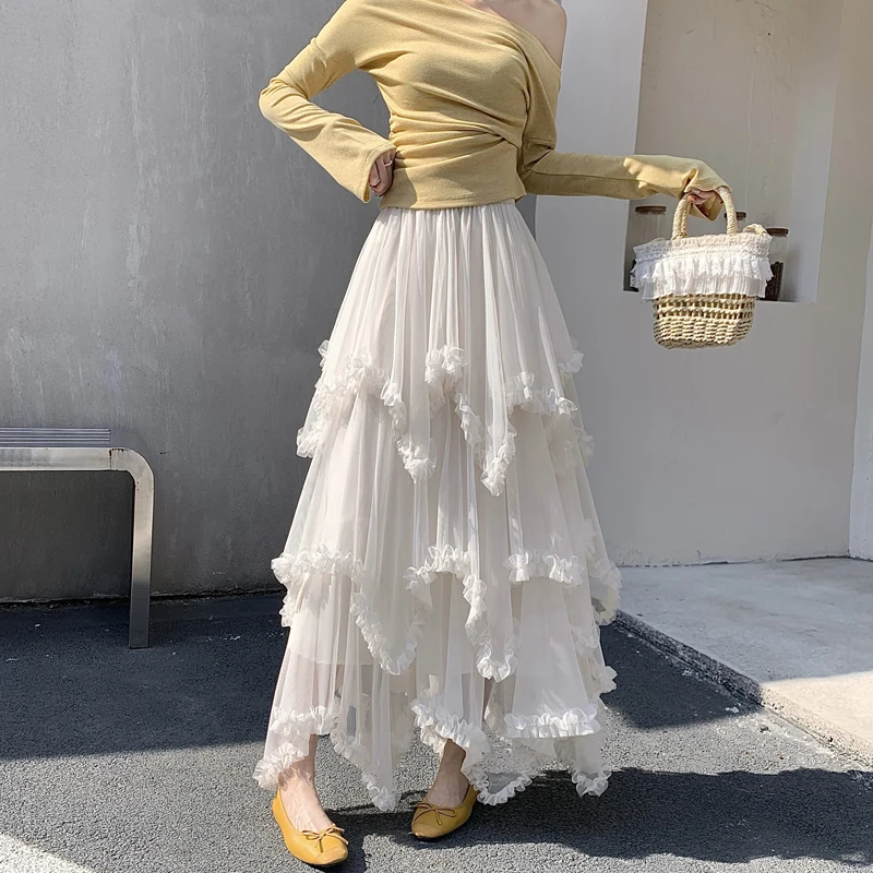 Women's High Waist A-Line Skirt with Wood Grain Ruffle Mesh Panel Slimming Asymmetrical Long Casual Skirt for Spring Autumn