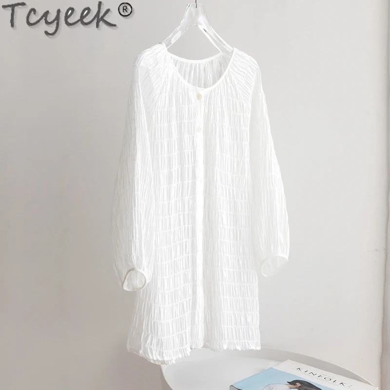 Tcyeek 100% Mulberry Silk Shirts for Women Spring Summer Lantern Sleeve Top Female O-neck White Tops Woman Clothing Camisa Mujer