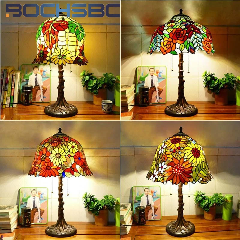 

BOCHSBC Tiffany style stained glass European retro table lamp for warm living room bedroom desk lamp study cafe hotel LED decor