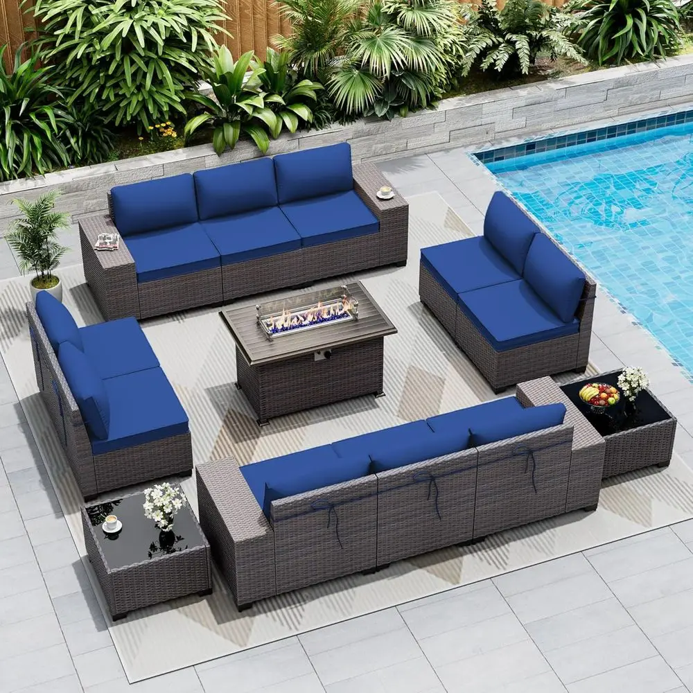 13-Piece Outdoor Sectional Patio Furniture Set with 43in Propane Fire Pit Table in Blue PE Wicker