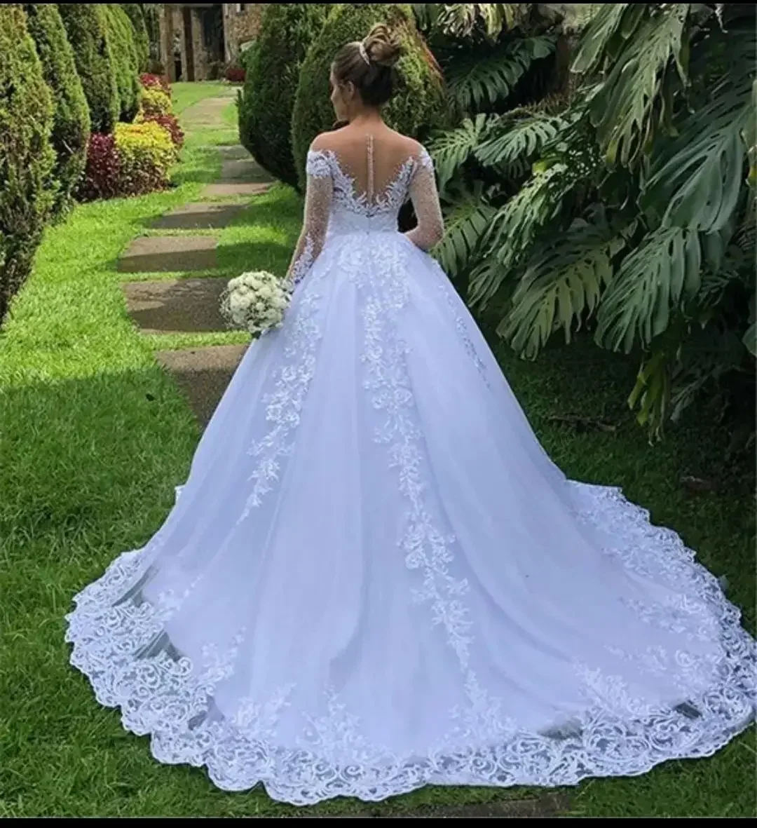 맞춤형 스쿠프 넥 아플리케 비즈 A 라인 웨딩 드레스 스윕 트레인 로브 드 마리에 가든 풀 슬리브 신부 가운