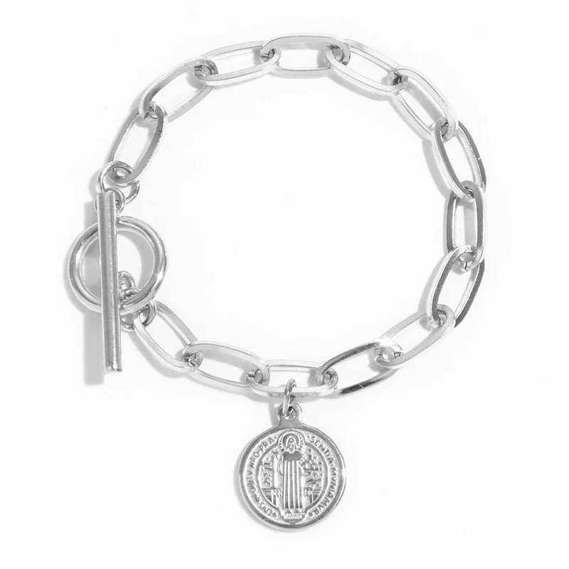 Stainless Steel San Benito Medal Bracelets For Women Gold/Silver Color Metal Saint St Benedict Bracelet Toggle Bracelet