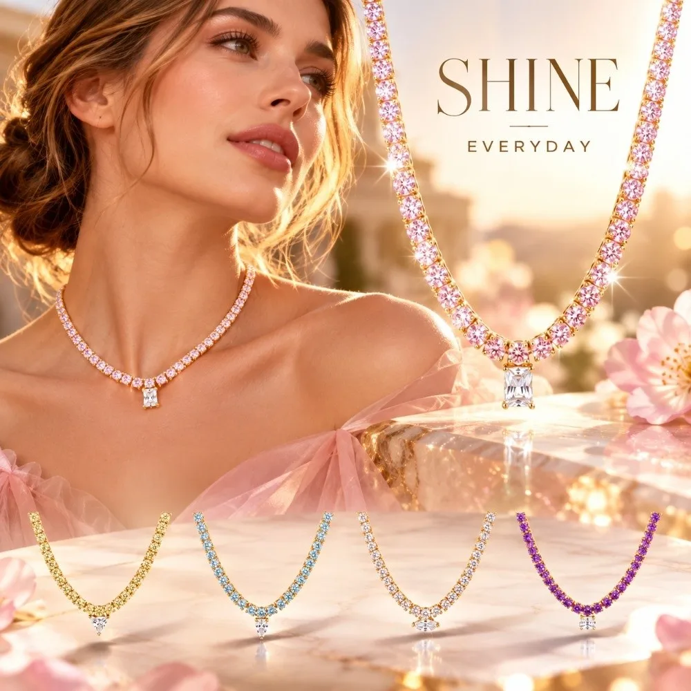 Lightweight Tennis Necklace Classic Tennis Silhouette Closely Set Rhinestone Macaron Color Necklace Secure Clasp