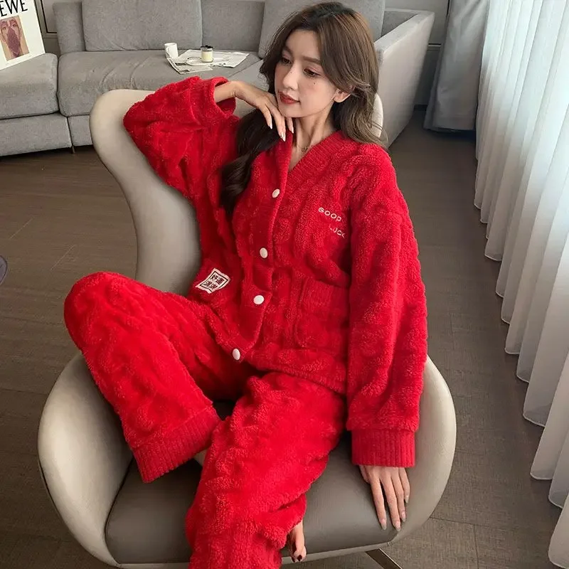 Red Coral Fleece Pajamas Women Fall Winter  Add Fleece To Thicken Cardigan Jubilant Loungewear Can Be Worn Outside sleepwear