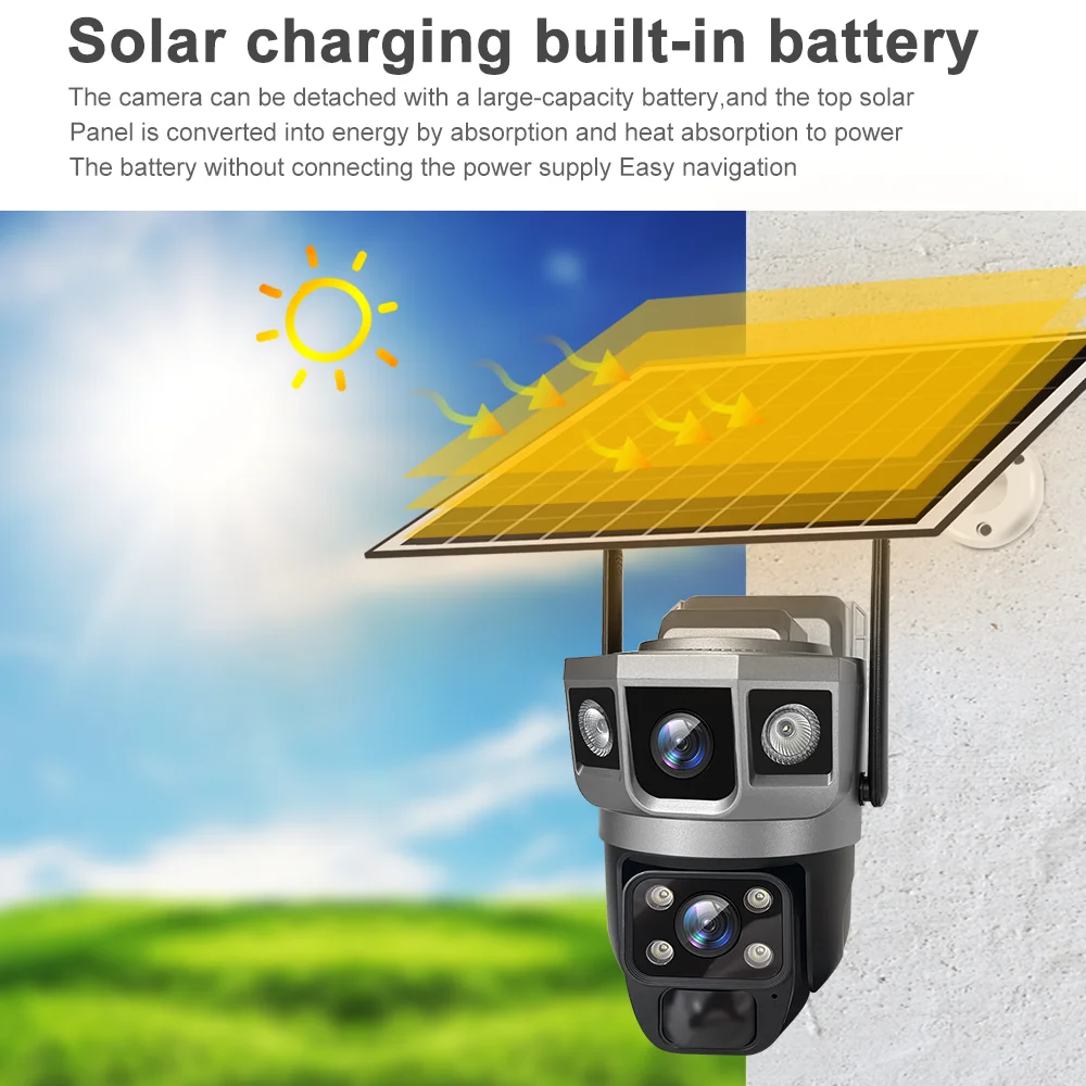 V380 Pro 12MP  Solar WIFI IP Camera CCTV Two Lens Three Screen Auto Tracking Outdoor 6K Security Surveillance PTZ Camera