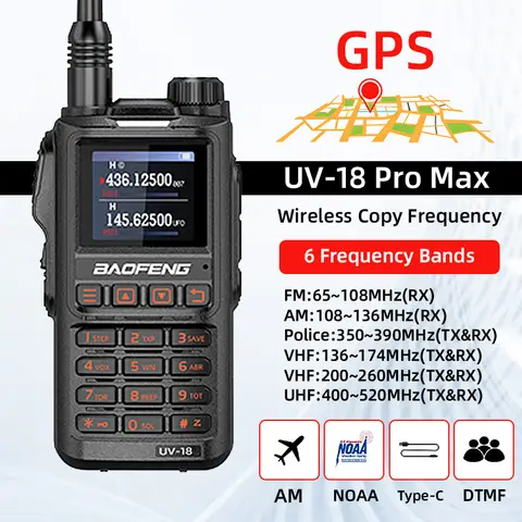 BAOFENG UV-18PRO-GPS 15W 워키 토키 6 밴드 수신 방수 999CN NoAA FM 주파수 무선 복사 라디오 50km